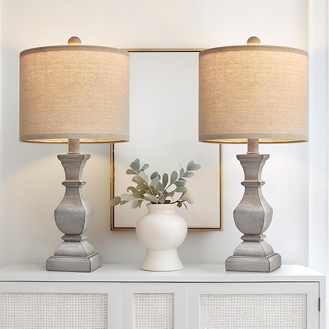 PoKat 20.5'' Table Lamps Set of 2, Vintage Bedside Lamps for Bedroom, Farmhouse Lamp for Living Room, Small Lamp for Nightstand, Retro Side Table Lamp, Grey