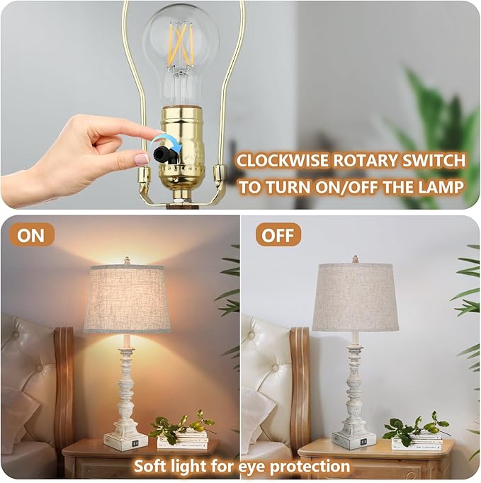 Set of 2 Farmhouse Table Lamps, 27.5'' Tall Rustic Bedside Lamps with 2 USB Ports, Beige Fabric Shade Nightstand Lamp, White Resin Desk Lamp with Rotary Switch for Living Room, Bedroom, Office