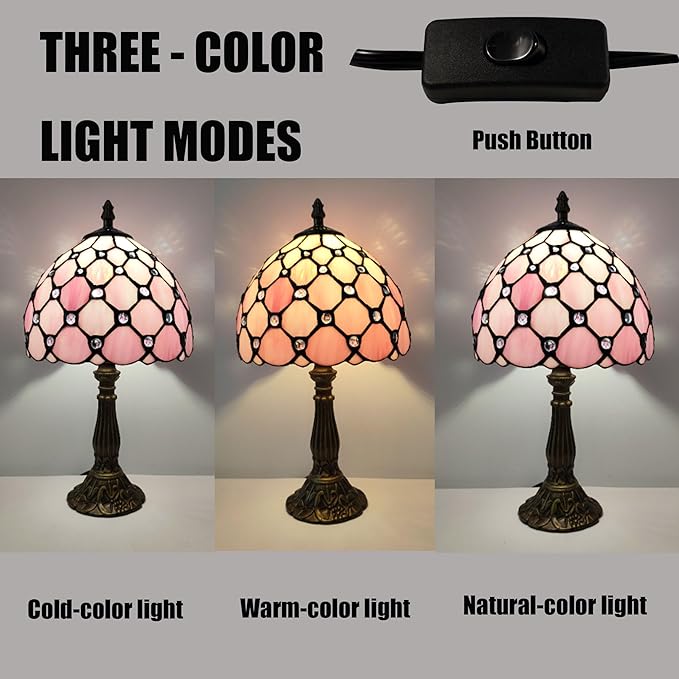 Tiffany Table Lamp 3-Way Light Handmade Bedside Lamp Small Desk Night Lamp Stained Glass Antique for Home Office Bedroom Living Room Study Room (Pink Pearls Style)