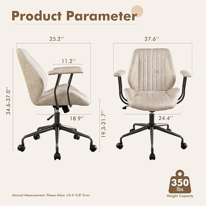 Mid Back Office Chair Mid Century Modern Executive Chair,Lumbar Support Ergonomic Home Office Desk Chair,Rolling Swivel Task Chair Task Chair Armrests Height Adjustable,350lbs (Beige)