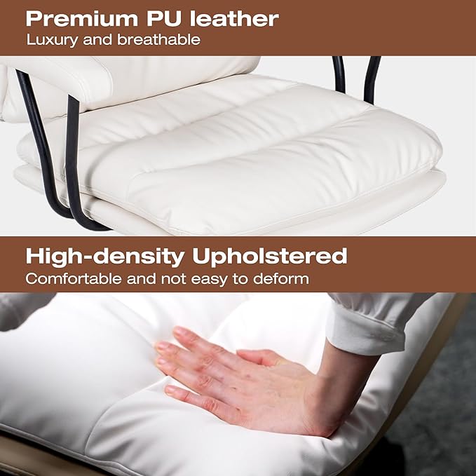 White Leather Desk Chair with Arms,Modern Office Chair with Lumbar Support,Removable Armrests, Height-Adjustable Swivel Medium Computer Chair for Home, Office, Dresser, Bedroom