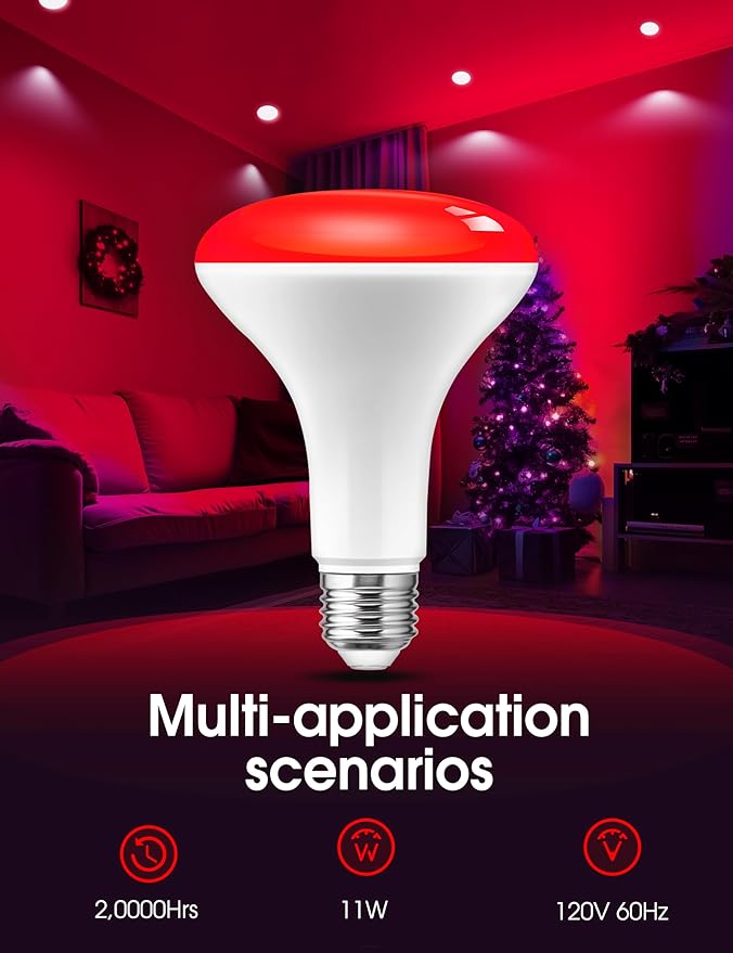 LOHAS Red Flood Light Bulbs, Christmas LED BR30 Pure Red Flood Light Indoor 65W Equivalent, 11 Watt Colored Can Light Bulbs E26, for New Year, Home Lighting, Holiday Party Decoration, 2 Pack