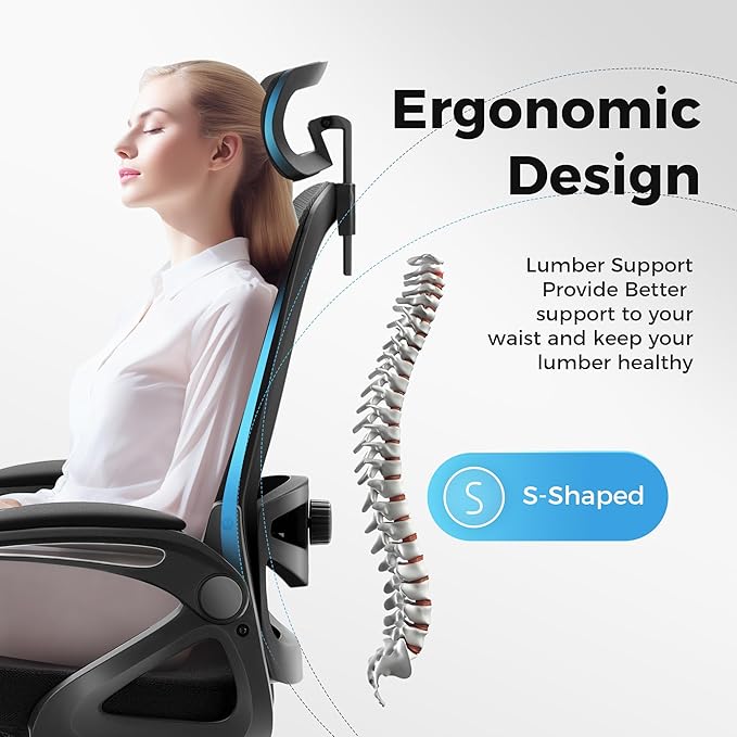 MAISON ARTS Ergonomic Office Desk Chair, Breathable Mesh Computer Chair with Adjustable Lumbar Support, Headrest and Flip up Armrests, Comfortable Task/Executive Chair for Home Office