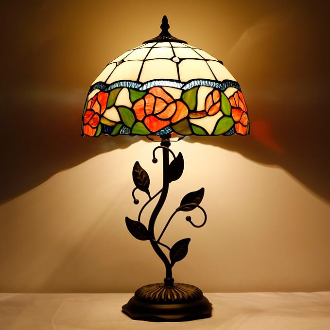 Tiffany Lamp Rose Flower Style Stained Glass Table Lamp Desk Bedside Reading Light 12X12X19 Inches with Metal Leaf Base Decor Bedroom Living Room