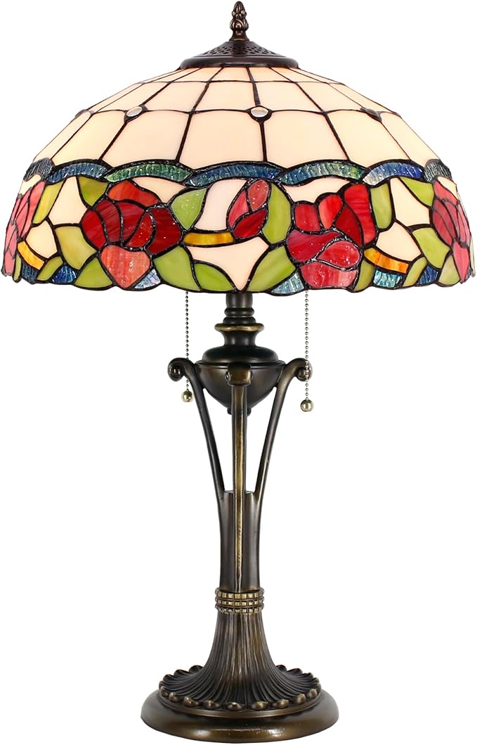 Tiffany Table Lamp Red Rose Flower Style Stained Glass Desk Lamp 16X16X24 Inches Reading Light