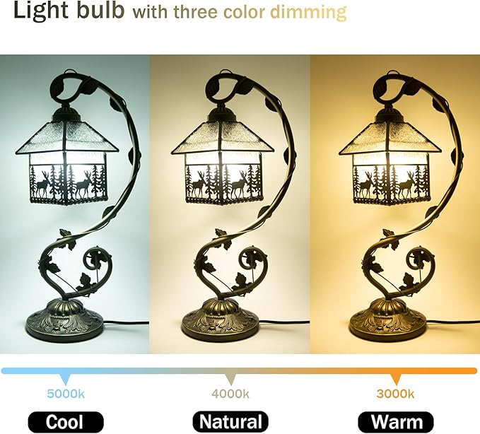 Tiffany Style Table Lamp, Small Stained Glass Lamp for Bedside, Bedroom, Nightstand, Living Room, 8 Inch Mini Vintage Handcrafted Desk Lights Included Three-Color E26 LED(Deer House)