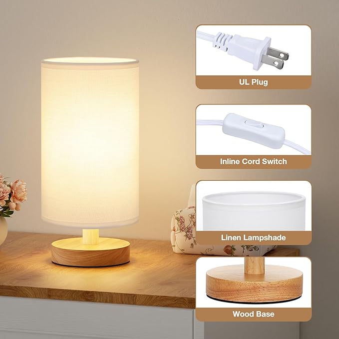 Small Table Lamp for Bedroom - Inline Control, Bedside Lamp with 3000K A15 LED Blub, Easy Assembly (White Shade - Wood Base, 9" Inline Control)