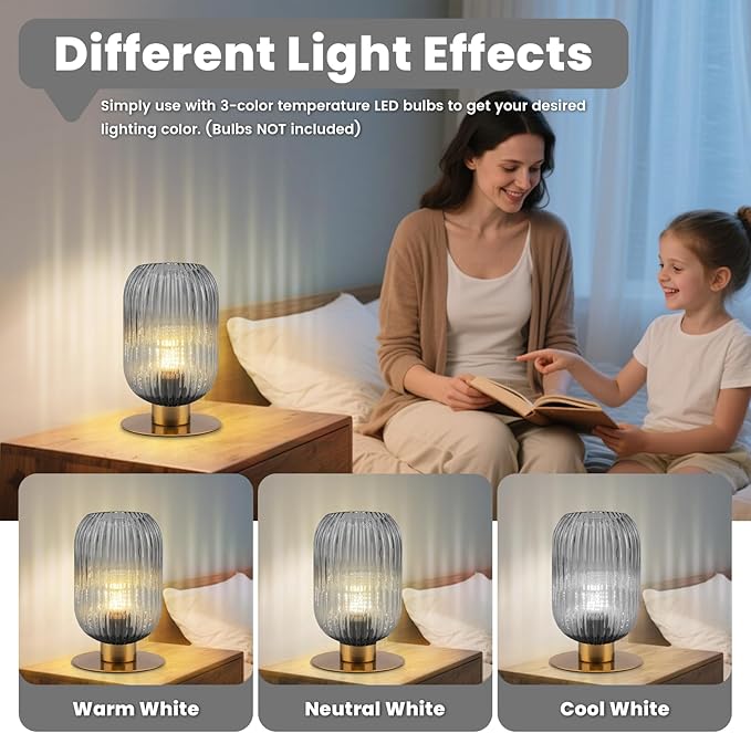 Small Lamp for Nightstand, Smoke Glass Table Lamp Grey Bedside Table Lamp with Gold Metal Base, Vintage Bedside Lamp Mid Century Modern Plug in Table Lamps for Bedroom Living Room Office Study