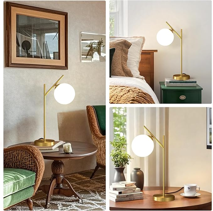 Mid Century Modern Table Lamp, 1 Light Brass Glass Globe Bedside Lamp, Contemporary Metal Table Lamp with Milky White Glass shadefor Bedroom Living Room Study Room