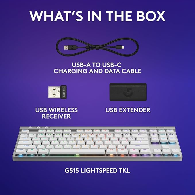 Logitech G515 Wireless Gaming Keyboard TKL, LIGHTSYNC RGB, Thin Tenkeyless Design, Double-Shot PBT Keycaps, Tactile Brown Mechanical Switches - White