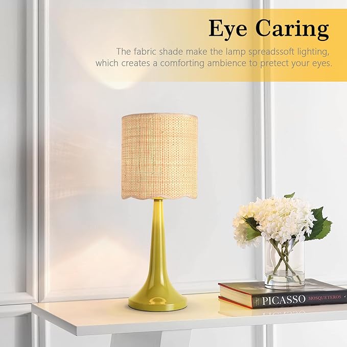 Green Rattan Small Table Lamp for Bedroom, Green Bedroom Lamps for Bedside Nightstand, Small Rattan Shade Table Shape Lamps for Small Spaces for Kitchen Counter, Home Office, Living Room, Kids Dorm