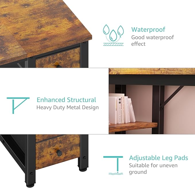 Lufeiya 55 inch Computer Desk with 4 Fabric Drawers & Storage Shelves, Writing Work Study Desk for Home Office Bedroom, Modern Simple Student PC Desks Table, Rustic Brown