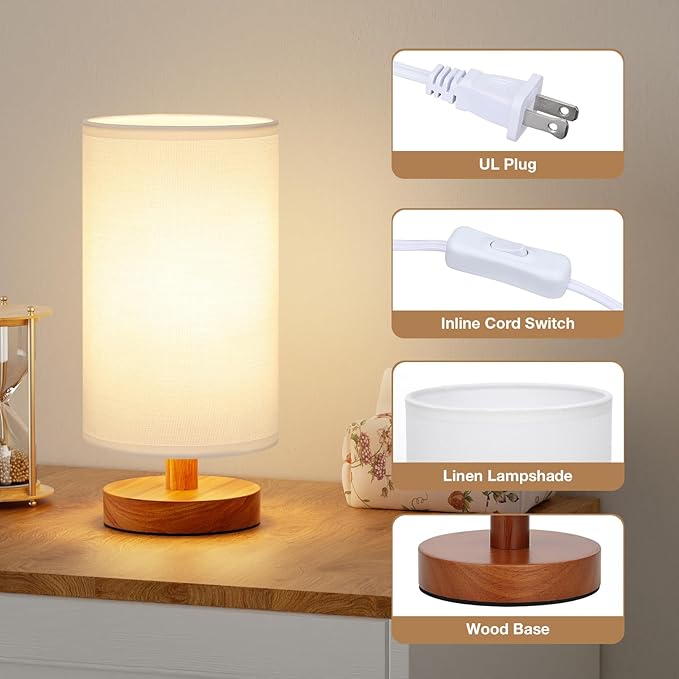 Small Table Lamp for Bedroom - Inline Control, Bedside Lamp with 3000K A15 LED Blub, Easy Assembly (White Shade - Walnut Base, 9" Inline Control)