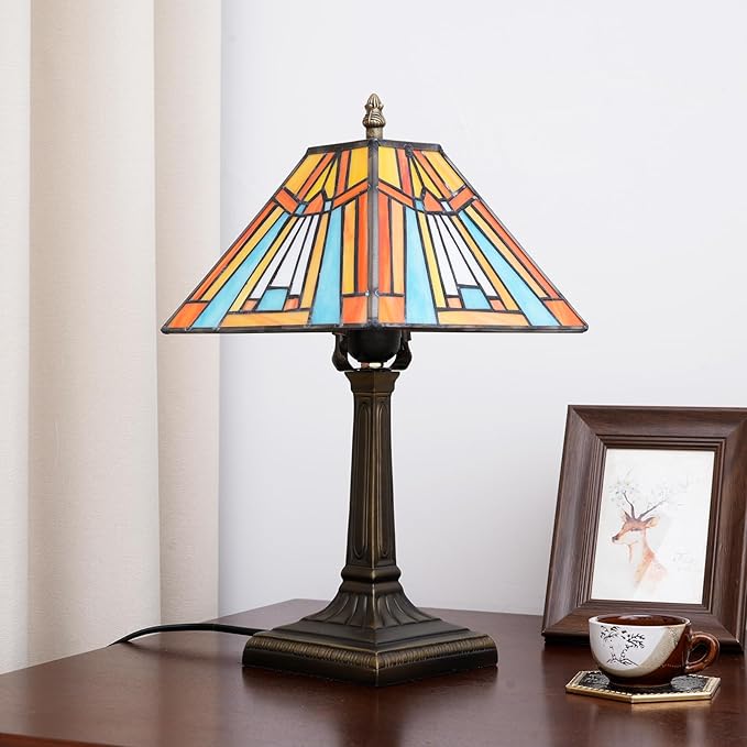Tiffany Table Lamp Amber Brown Stained Glass Lamp Mission Style Antique Desk Beside Reading Lamp for Office Home Living Room Bedroom