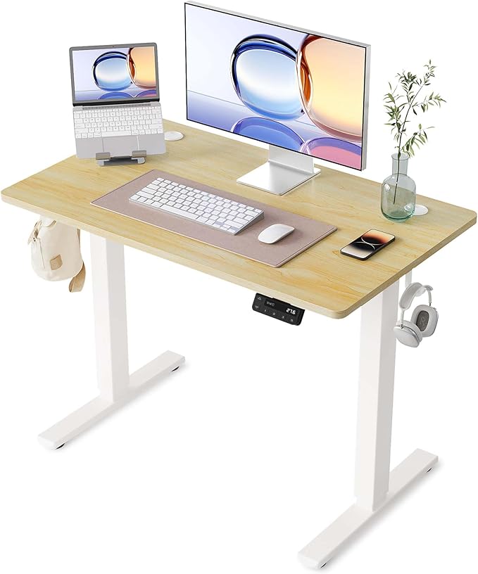 YIHAYO Electric Standing Desk, 40 x 24 Inches Stand Up Desk with Splice Board, Adjustable Height Desk, Computer Desk for Home Office, White Frame/Natural Top