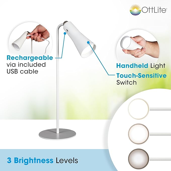 OttLite Switch 3-in-1 Rechargeable Task Lamp, Clearsun, White, Retail