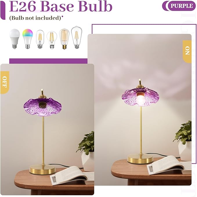 Mid Century Modern Table Lamp Gold Table Lamps Side Table Lamp with Glass Flower Shade Vintage Nightstand Lamp Purple Desk Lamp Touch Bedside Lamp for Bedroom Nightstand Living Room End Table