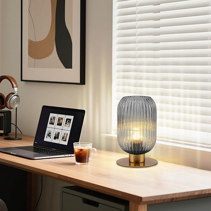 Small Lamp for Nightstand, Smoke Glass Table Lamp Grey Bedside Table Lamp with Gold Metal Base, Vintage Bedside Lamp Mid Century Modern Plug in Table Lamps for Bedroom Living Room Office Study