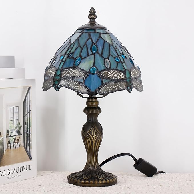 Small Tiffany Lamp Stained Glass Table Lamp Mini Desk Accent Light for Bedroom Bedside Reading Home Antique Style Decor 8X15 Inches (Blue Dragonfly)
