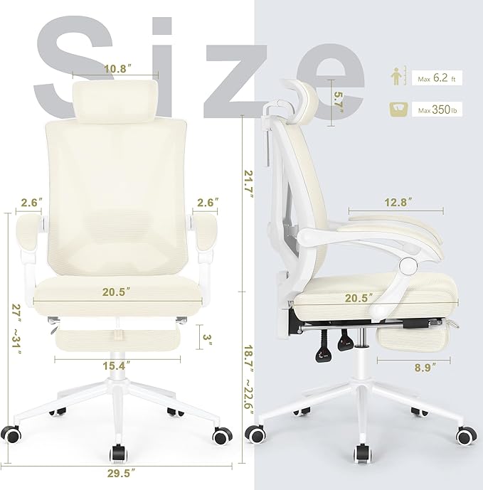 Misolant Ergonomic Office Chair with Footrest, Ergonomic Desk Chair with Adjustable 2D Lumbar Support, High Back Computer Chairs with Adjustable Headrest, Beige Comfortable Executive Office Chair