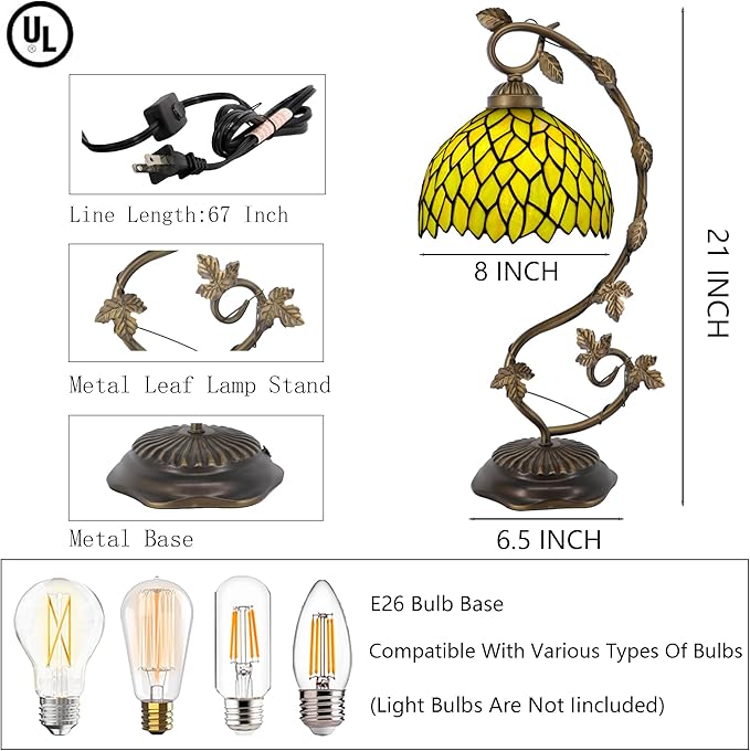 Tiffany Table Lamp, Stained Glass Desk Reading Light,Metal Leaf Table Lamp Base 8X10X21 Inches (Yellow Wisteria)