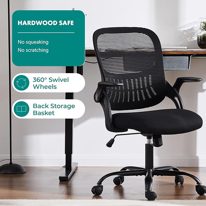 SMUG Office Computer Desk Chair, Ergonomic Mid-Back Mesh Rolling Work Swivel Task Chairs with Wheels, Comfortable Lumbar Support, Comfy Flip-up Arms for Home, Bedroom, Gaming, Study, Student