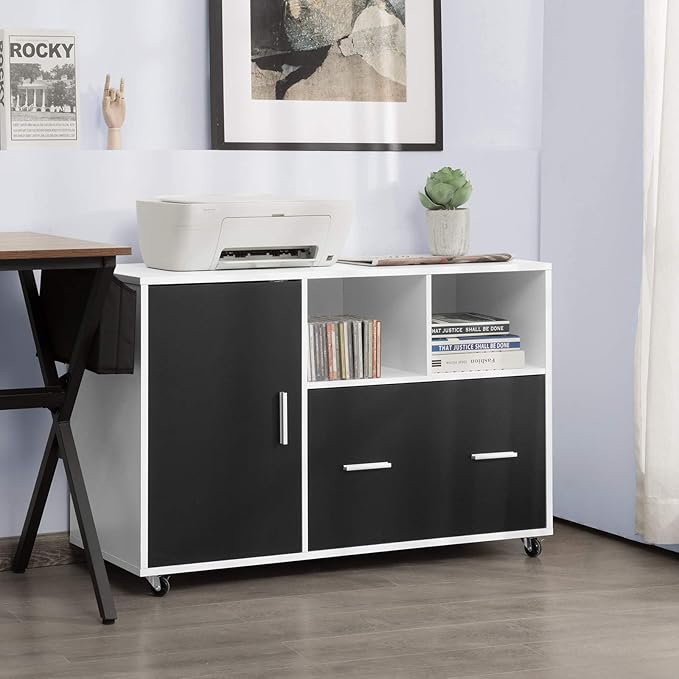 Giantex Lateral File Cabinet, Mobile Filing Cabinet with Drawer, Printer Stand with Open Storage Shelves, Wood Organizer for Home and Office A4 Letter and Legal Size (White & Black)