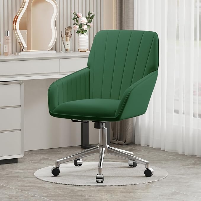 YISHENG Velvet Office Desk Chair with Silver Base, with Wheels,Modern Height Adjustable 360 Degree Swivel Upholstered Vanity Chairs with Arms for Living Room Bedroom,Green