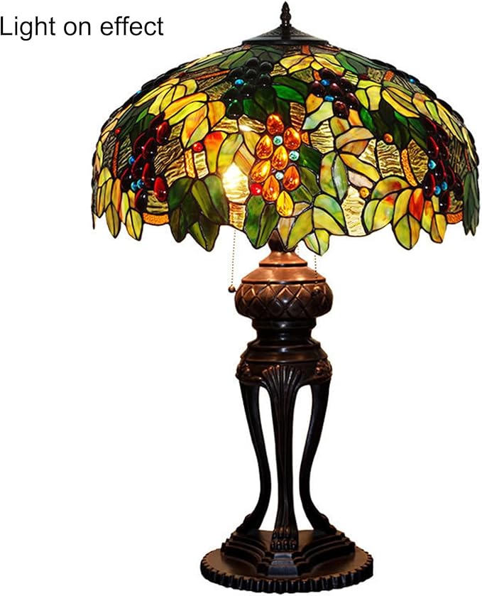 Tiffany Lamp Table Lamp Rose Dragonfly Tulip Wisteria Grape Peach Kapok Peony Apple Flower Design Stained Glass Lampshade Desk Lamp for Girl Living Room Iron Base W20 XH32,Grape