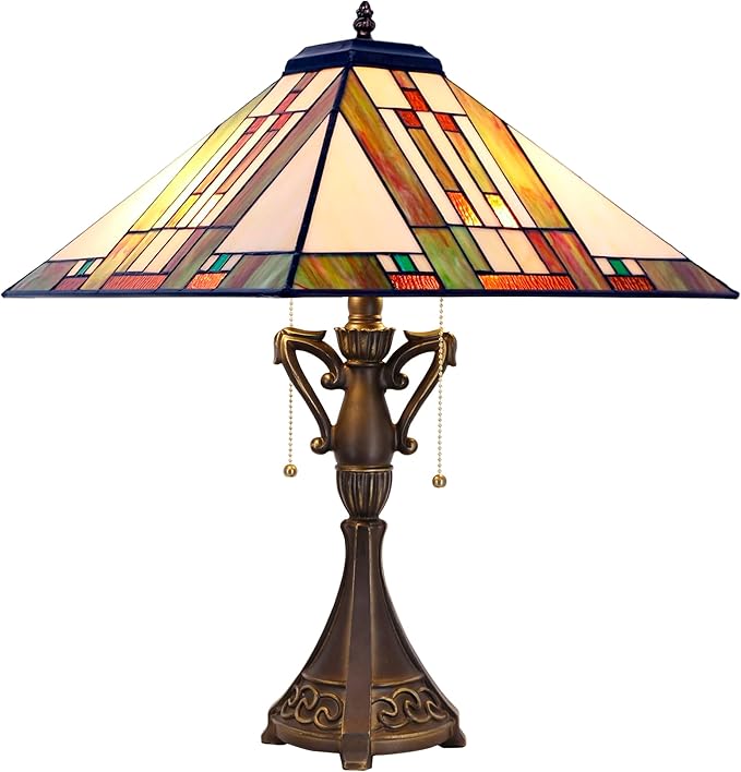 Tiffany Table Lamp Stained Glass Blue White Brown Square Mission Style Desk Reading Light 16X16X24 Inch for Bedroom Living Room Home Office