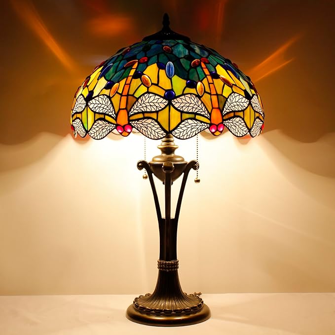 Tiffany Table Lamp Blue Yellow Stained Glass Desk Lamp 16X16X24 Inches Dragonfly Style Reading Light