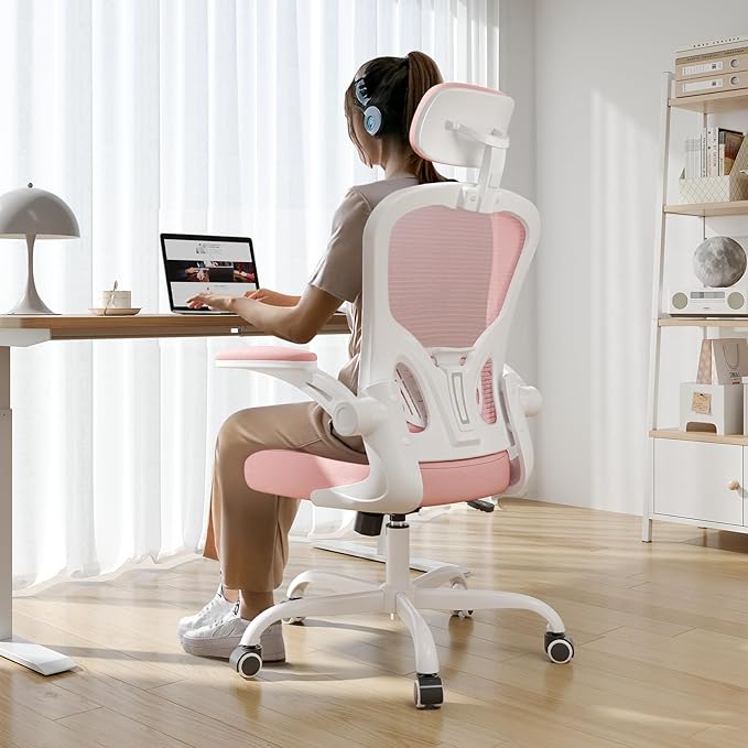 Office Chair Ergonomic Desk Chair, 330LBS Capacity, High Back Computer Chair for Long Hours Comfortable, Rolling Swivel Executive Task Chair for Home Office with Flip-up Armrests(White Pink)