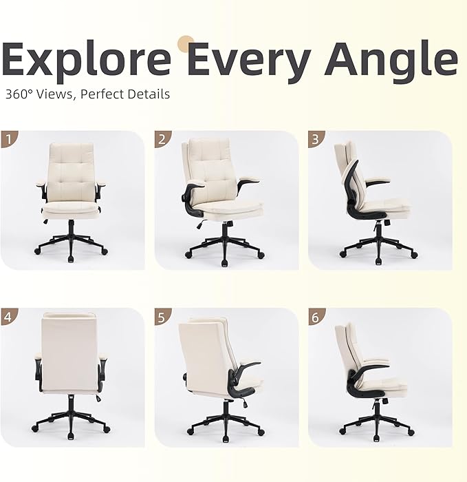 VINGLI Comfy Beige Leather Office Desk Chair, High-Back Support Ergonomic Computer Task Gaming Chair,with Removable wheels,360° Swivel,Adjustable Height,Flip-Up Arms,for Adults,Teen,Vanity,Home Office