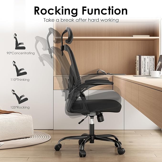 Farini Ergonomic Office Chair, Home Office Desk Chair with Headrest, High Back Computer Chair with Armrests and Adjustable Lumbar Support for Home Office Study Room, Black & Dark Black