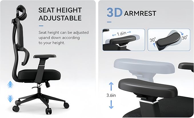 Ergonomic Office Chair - 400 lbs Capacity High-Back Mesh Computer Chair with Lumbar Support, Adjustable Headrest | Home and Gaming Desk Chair,Black