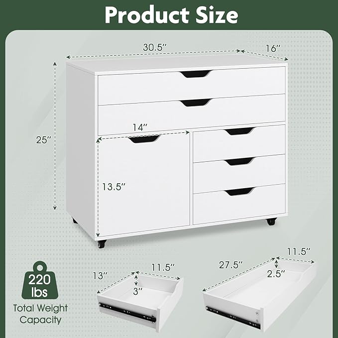 LOKO 5-Drawer File Cabinet, Mobile Chest of Drawers with Side Cabinet, Door Cabinet with 5 Casters, Rolling Lateral Filing Cabinet, Storage Cabinet Unit for Living Room, Study, Home Office