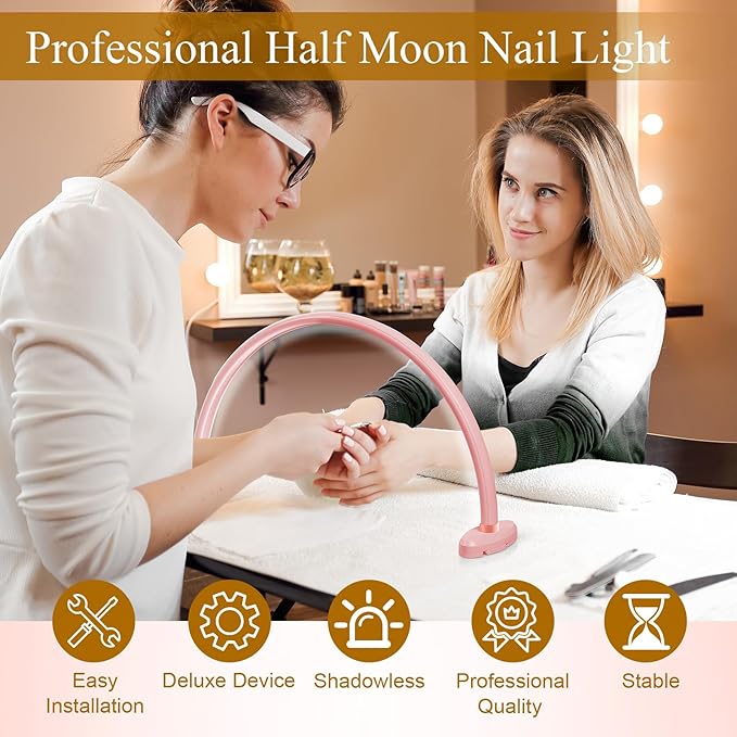 Half Moon Light for Nail Desk,16 inch Half Moon Lamp,Portable Ring Light for Eyelash Extensions,Suitable for Nail Beauty Crafts Sculpture,Brightness Adjustable, Pink