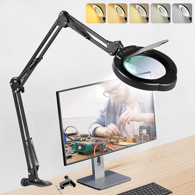 Ultra Long 12X Magnifying Glass with Light and Stand|Magnifying Lamp with 3-Section Swing Arm,5 Color Modes LED Lighted Magnifier Lamp for Workbench/Craf