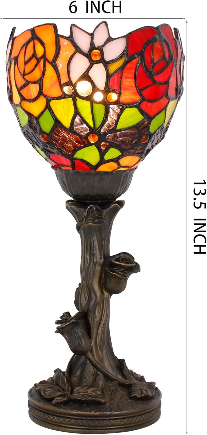 Small Tiffany Lamp Mini Stained Glass Table Lamp Red Rose Accent Desk Uplight W6H 13.5 Inch Bronze Resin Base