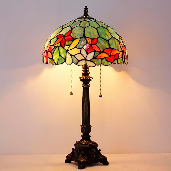 Tiffany Table Lamp Red Yellow Green Flowers Stained Glass Desk Lamp 12X12X21 Inches Reading Light