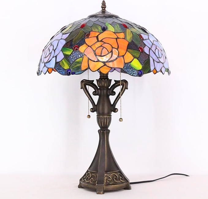 Tiffany Table Lamp 24 Inch High Antique Stained Glass Purple Orange Rose Flower Desk Reading Light Wide 16 Inch for Bedroom Living Room Home Office