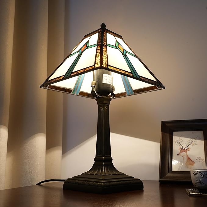 Tiffany Style Table Lamp Mission Design Stained Glass Lamp Vintage Handmade Nightstand Lamp with LED Bulbs Included for Home Living Room Bedroom Office