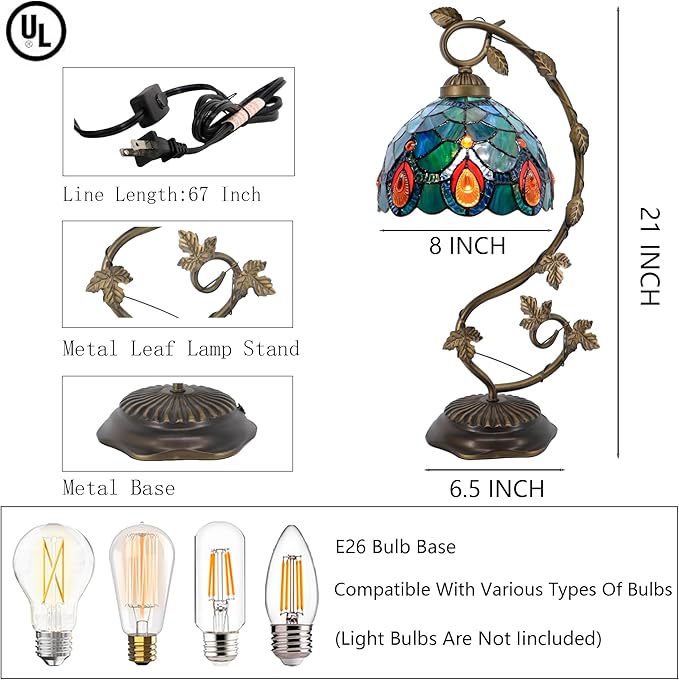 Tiffany Table Lamp, Stained Glass Desk Reading Light,Metal Leaf Table Lamp Base 8X10X21 Inches (Brown Crystal)
