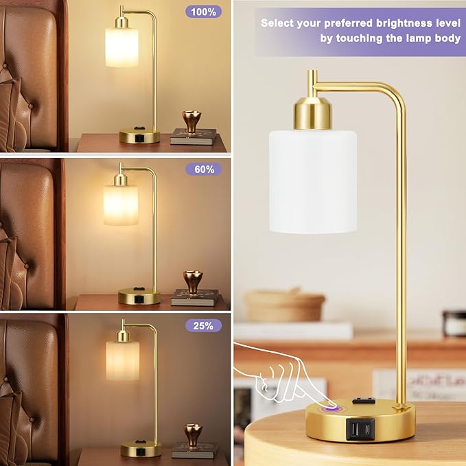 Innqoo Industrial Gold Table Lamps for Bedrooms Set of 2-3-Way Dimmable Desk Lamp with USB C+A Ports and Outlet, Gold Lamps with Opal Glass Shade for Living Room, Desk Lamps for Home Office