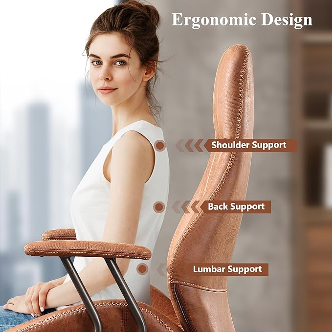 Mid Century Modren Office Chair - Fuax Leather Suede Brown Executive Chairs Ergonomic Mid Back with Lumbar Support, Swivel Computer Desk Task Chair with Wheels for Home Office (Brown, Hign Back)