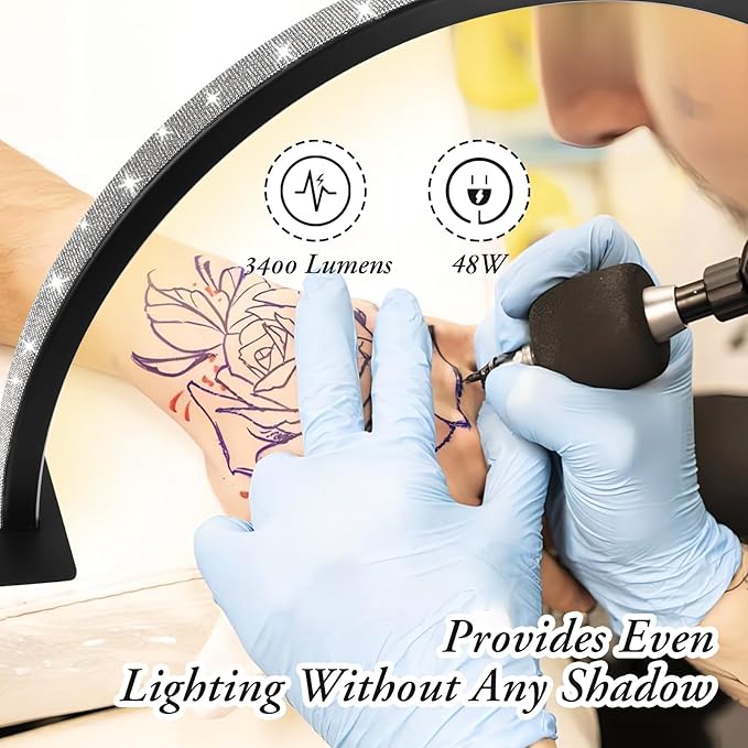 Half-Moon Nail Desk Lamp, Upgrade 30 Inches Lash Light for Eyelash Extensions, 3400 Lumen Led Light for Nails,Tattoo Artists, Adjustable Brightness Warm, Soft, Cool (Black)