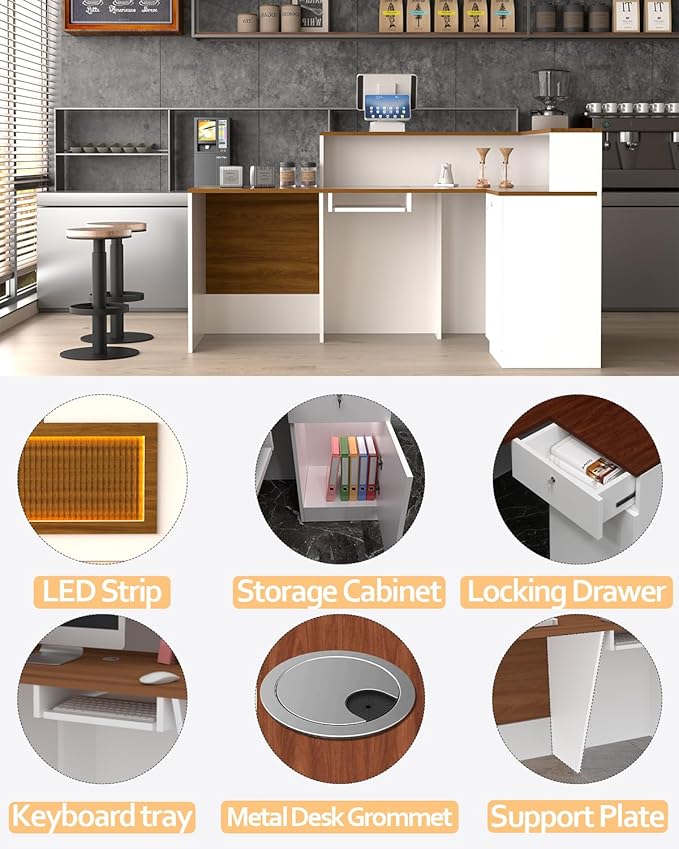L-shaped Reception Desk, Solid Wood Reception Desk with Counter, Check out Stand with Lockable Drawer & Cabinet, Retail Checkout Counter for Office, Store, Beauty Salon (L-Shaped-Dark Walnut-R, 63in)