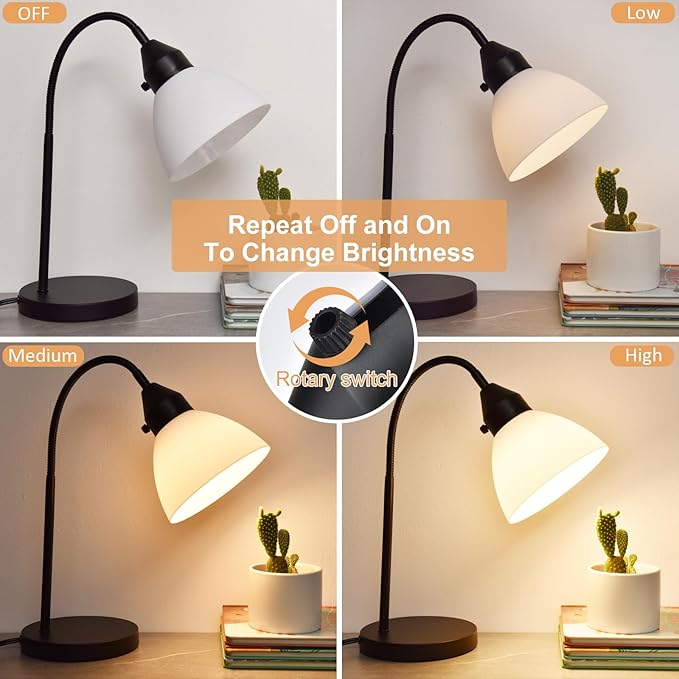 LED Desk Lamp for Home Office, 3 Levels Dimmable Reading Light, Flexible Gooseneck Table Lamp for Bedside Office, Rotary Switch Control, Desk Lamp for College Dorm Study Lamp, Bulb Included, Black