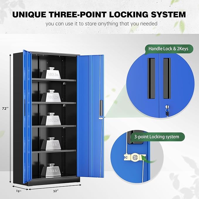 Greenvelly Metal Garage Storage Cabinet with Doors and Shelves, 72" Steel Lockable File Cabinet,Office Storage Cabinet Tall Metal Cabinet for Garage Office School Gym Warehouse(Black Blue)