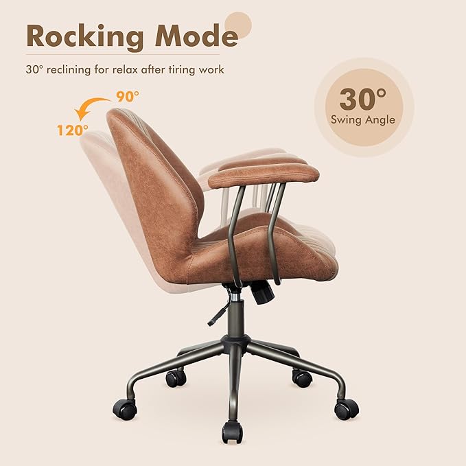 Mid Back Office Chair Mid Century Modern Executive Chair,Lumbar Support Ergonomic Home Office Desk Chair,Rolling Swivel Task Chair Task Chair Armrests Height Adjustable,350lbs (Brown)